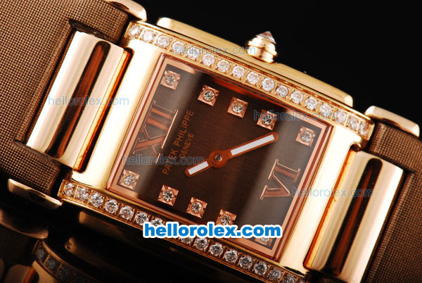 Patek Philippe Twenty-4 Swiss Quartz Movement Rose Gold Case with Diamond Bezel-Brown Dial and Brown Leather Strap - Click Image to Close